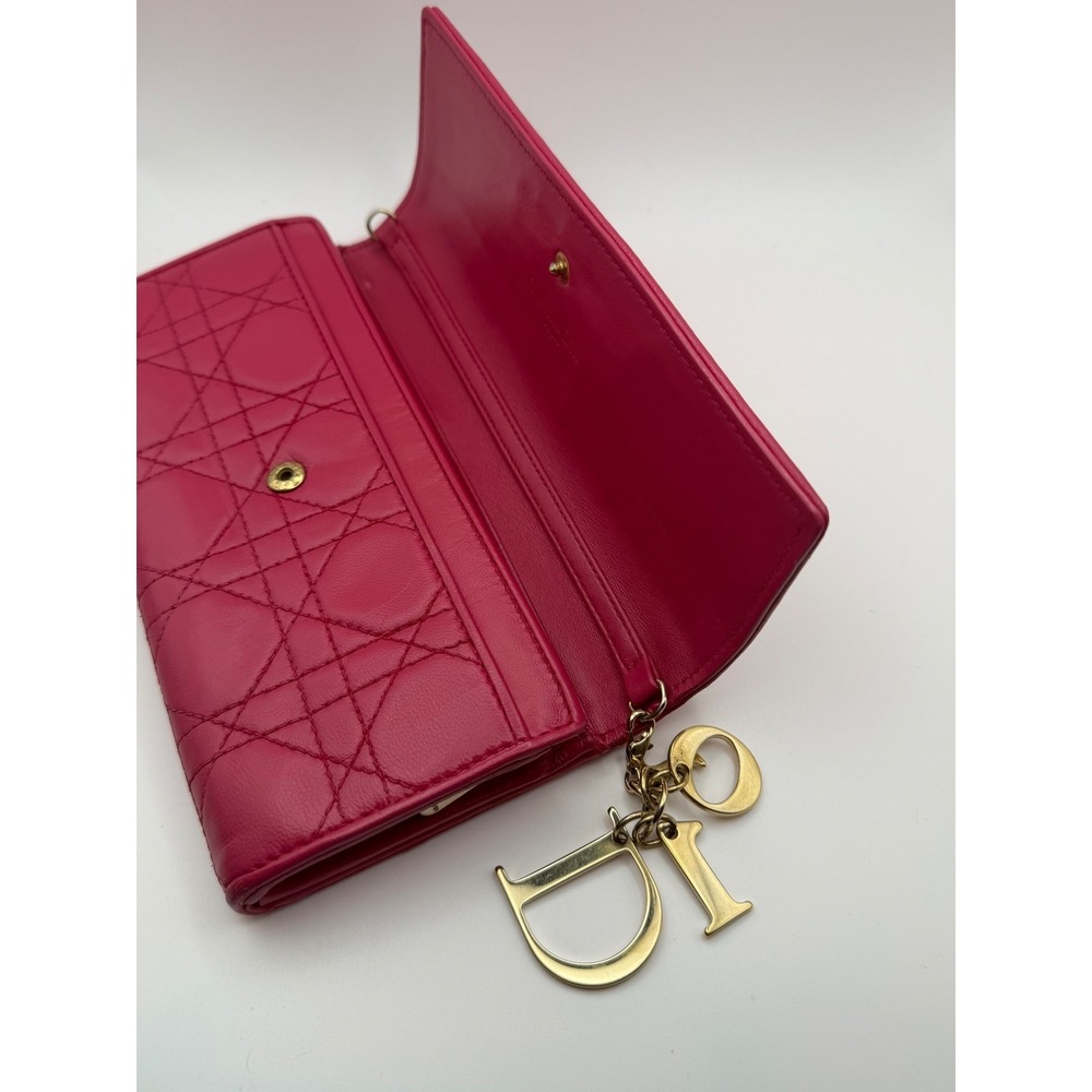 Christian Dior Long Wallet‎ Womens OS Fuchsia Pink Cannage Lambskin Leather DIOR